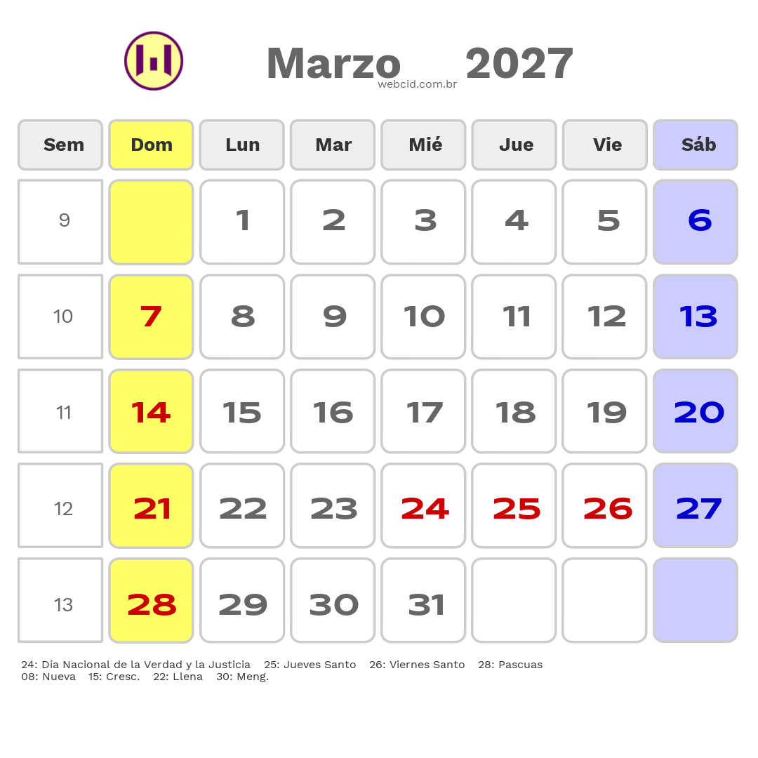 Calendario 2027 - Marzo - Argentina com feriados e fases da lua