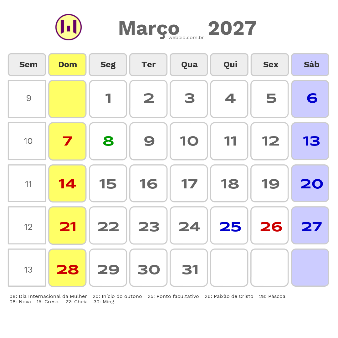 Calendário 2027 - Março - Brasil com feriados e fases da lua