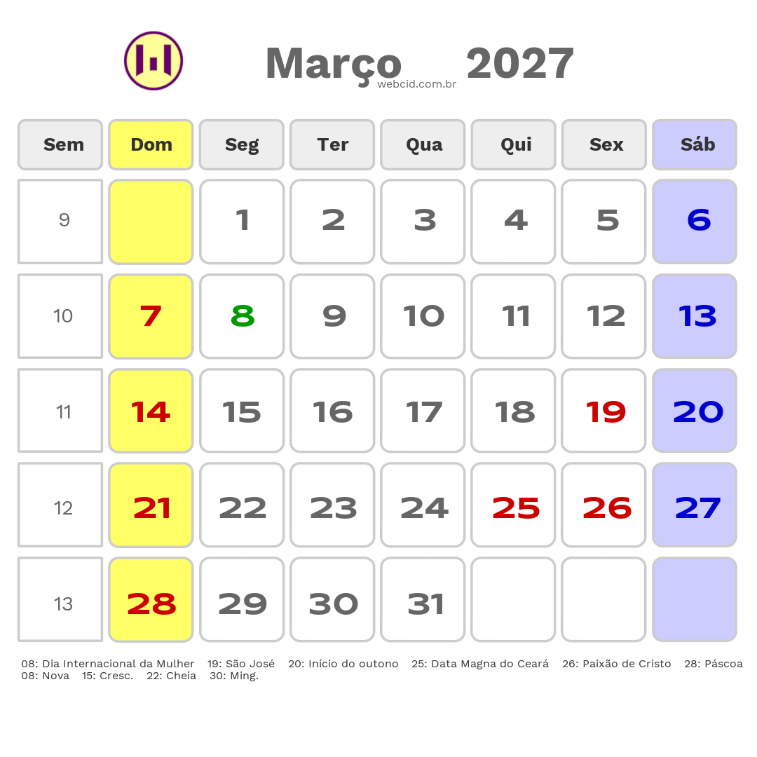 Calendário 2027 - Março - Sao Goncalo do Amarante-CE com feriados e fases da lua