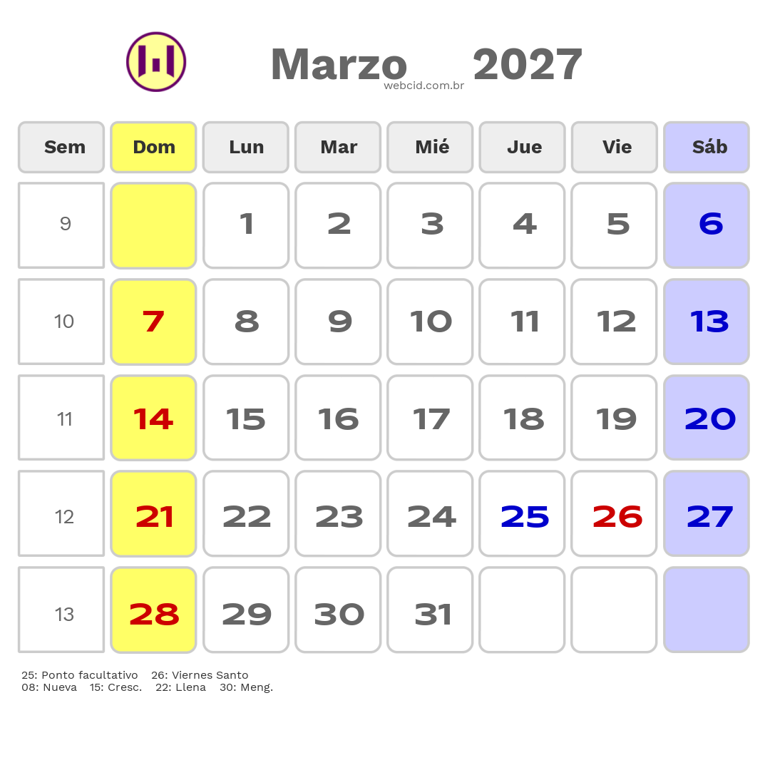 Calendario 2027 - Marzo - Chile com feriados e fases da lua