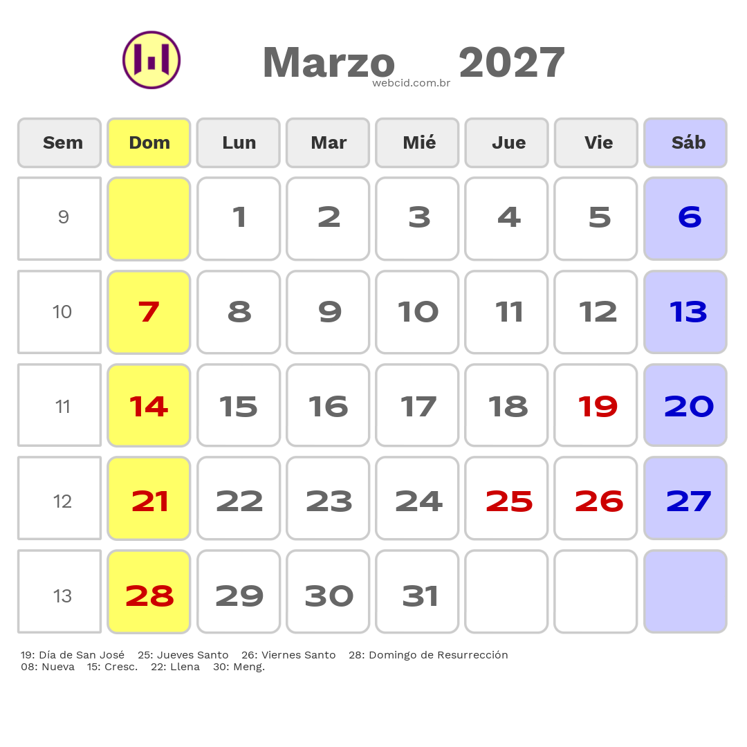 Calendario 2027 - Marzo - Colômbia com feriados e fases da lua