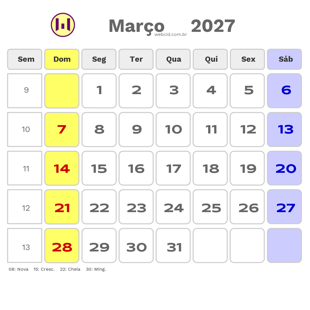 Calendário 2027 - Março - Copa do Mundo FIFA com feriados e fases da lua