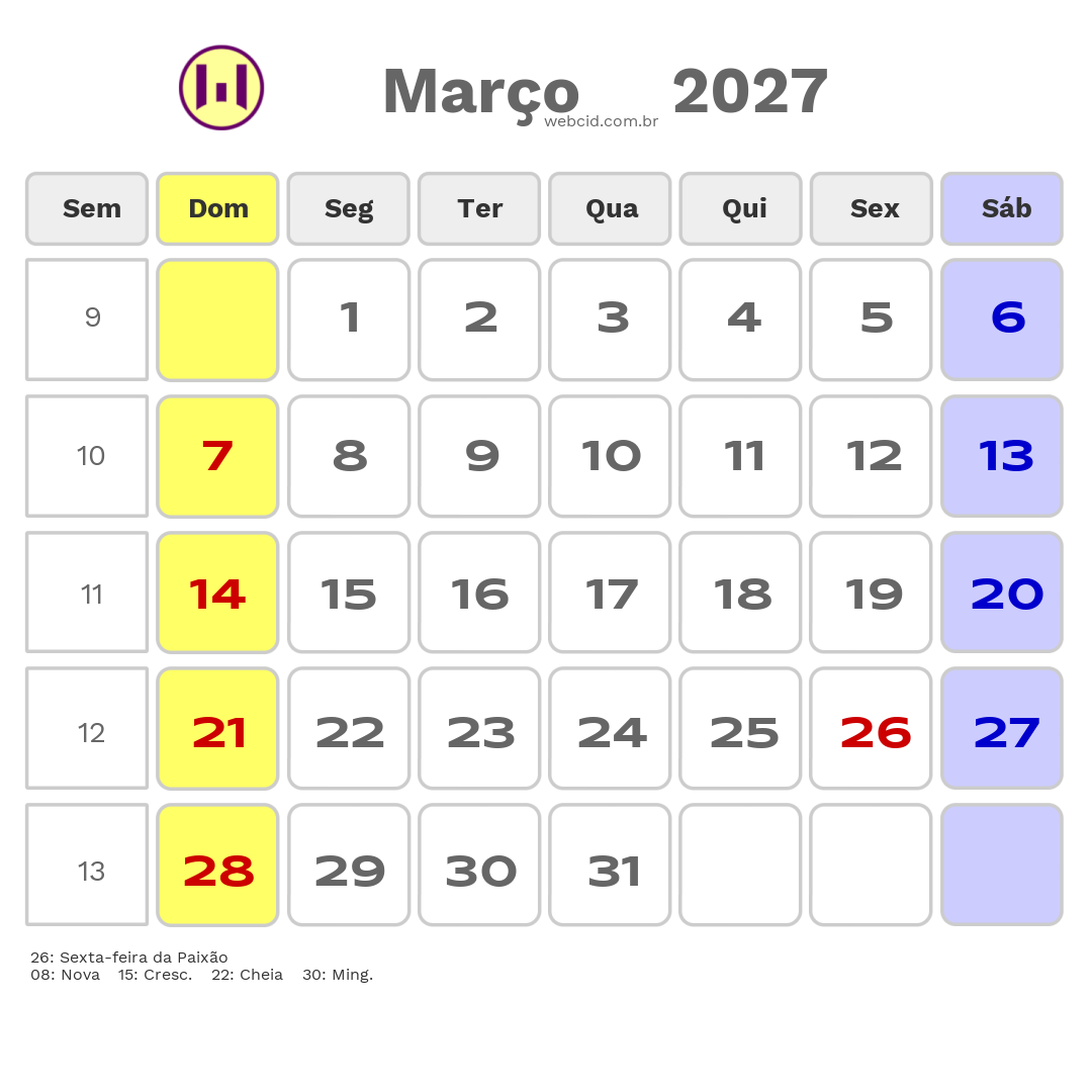 Calendário 2027 - Março - Feriados Bancários com feriados e fases da lua