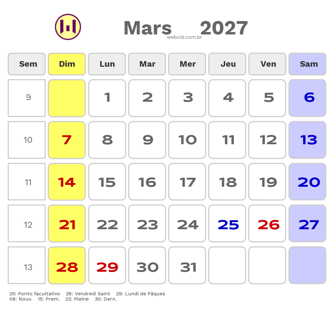 Calendrier 2027 - Mars - La France com feriados e fases da lua