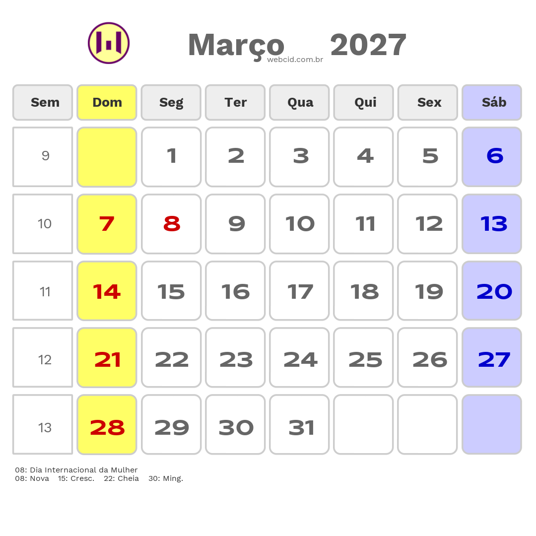Calendário 2027 - Março - Guiné-Bissau com feriados e fases da lua