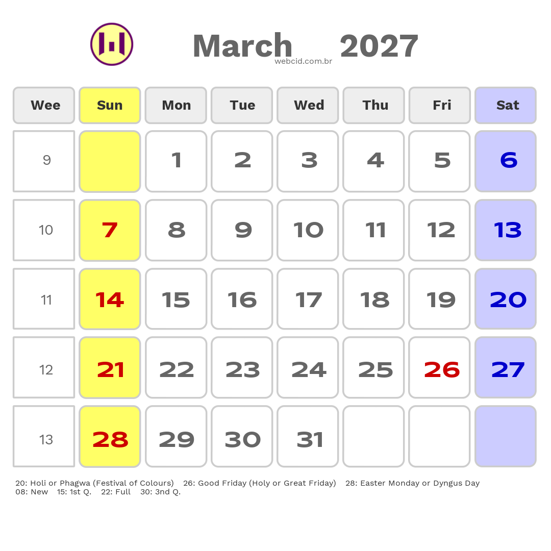 Calendar 2027 - March - Guyana com feriados e fases da lua