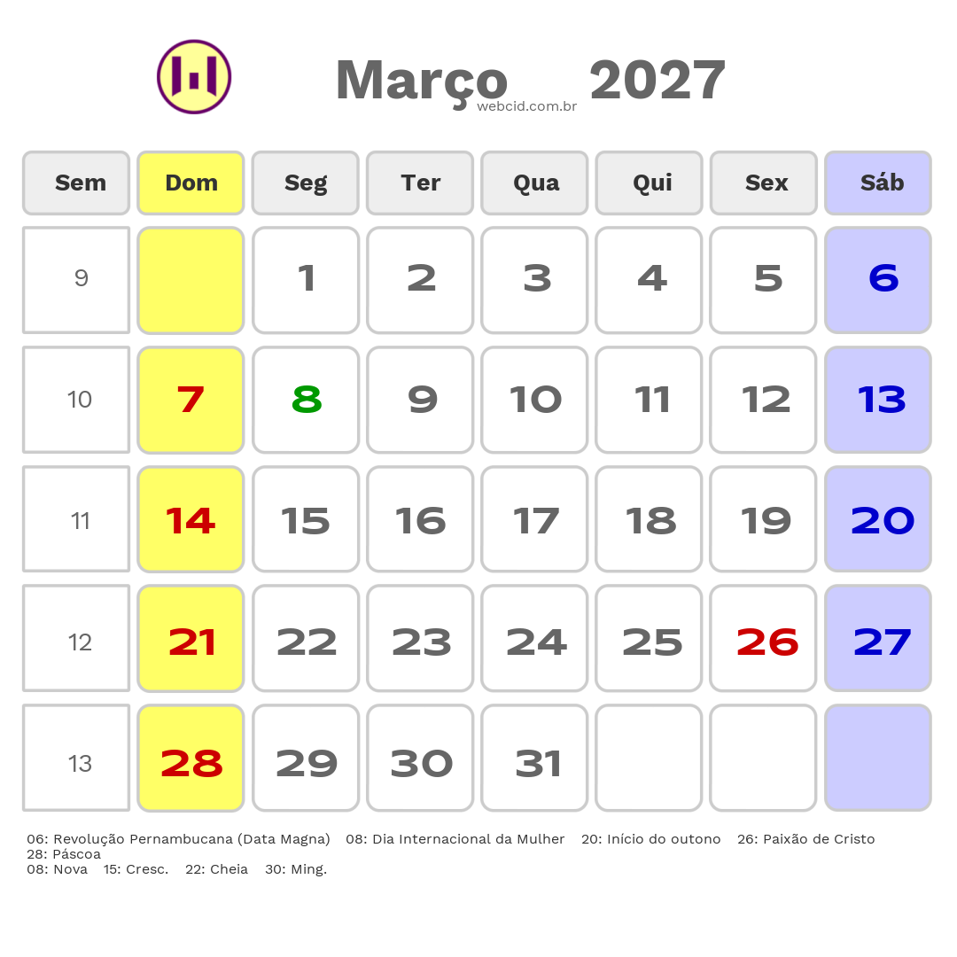 Calendário 2027 - Março - Ferreiros-PE com feriados e fases da lua