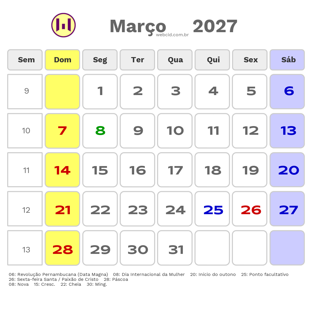 Calendário 2027 - Março - Jaboatão dos Guararapes-PE com feriados e fases da lua