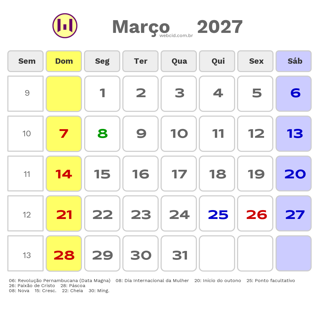 Calendário 2027 - Março - Trindade-PE com feriados e fases da lua