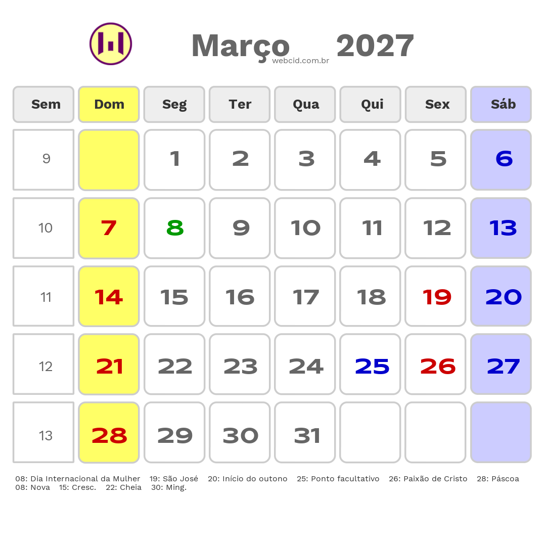 Calendário 2027 - Março - Itaperuna-RJ com feriados e fases da lua