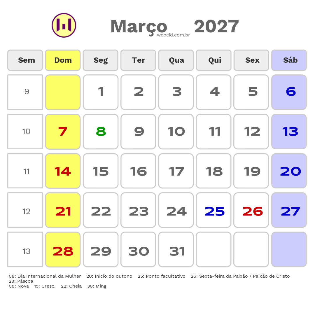Calendário 2027 - Março - Não-Me-Toque-RS com feriados e fases da lua