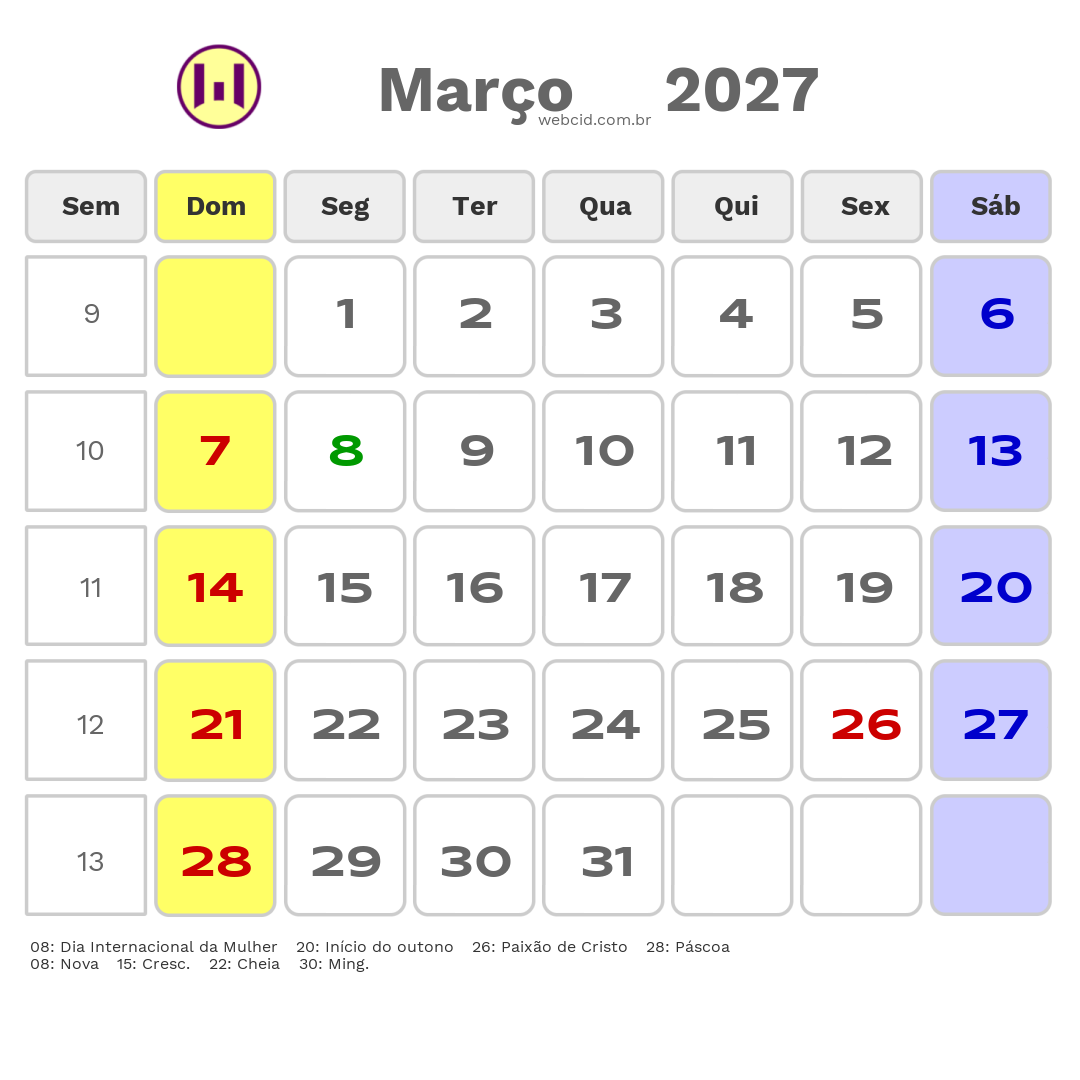 Calendário 2027 - Março - Timbe do Sul-SC com feriados e fases da lua
