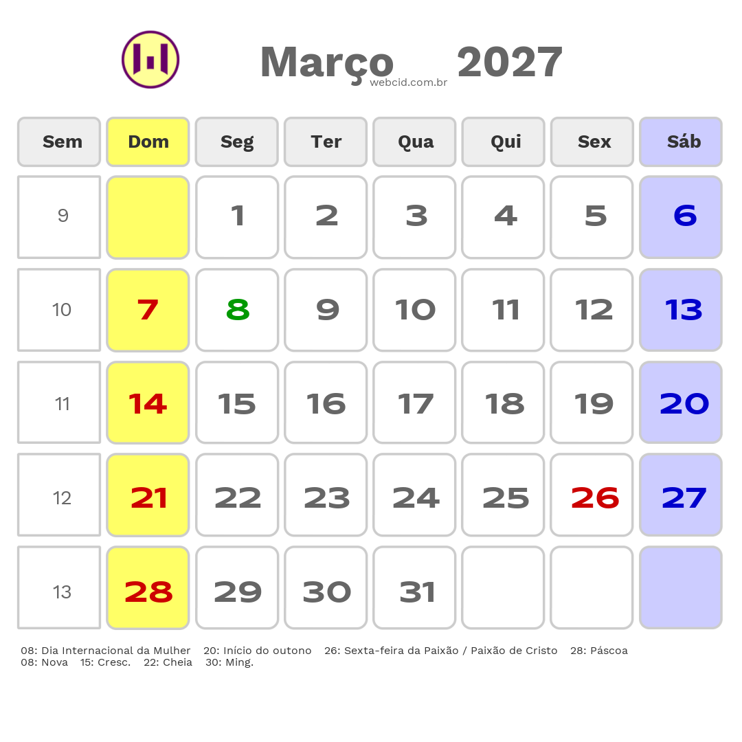 Calendário 2027 - Março - Ubatuba-SP com feriados e fases da lua