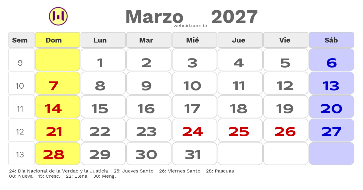 Calendario 2027 - Marzo - Argentina com feriados e fases da lua