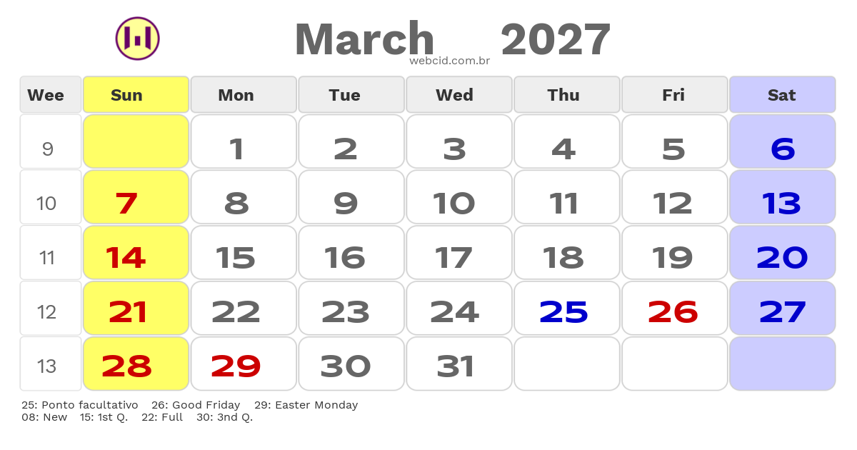Calendar 2027 - March - Austrália com feriados e fases da lua