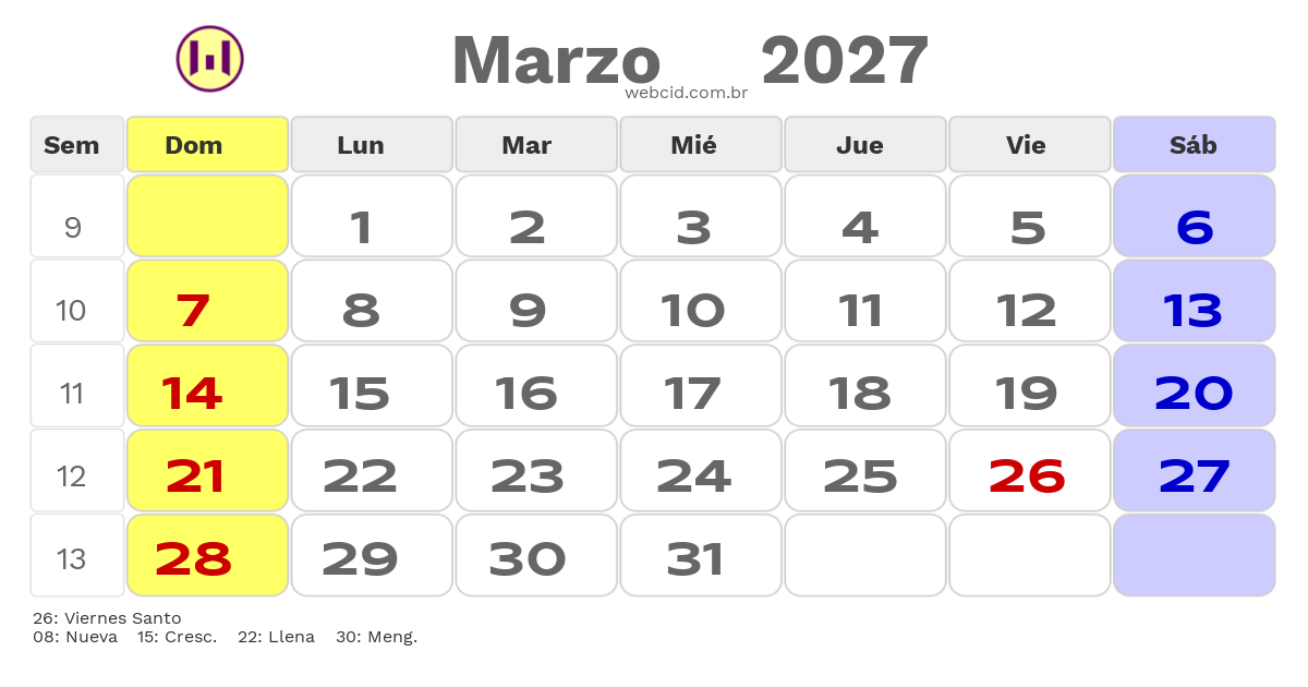Calendario 2027 - Marzo - Bolívia com feriados e fases da lua