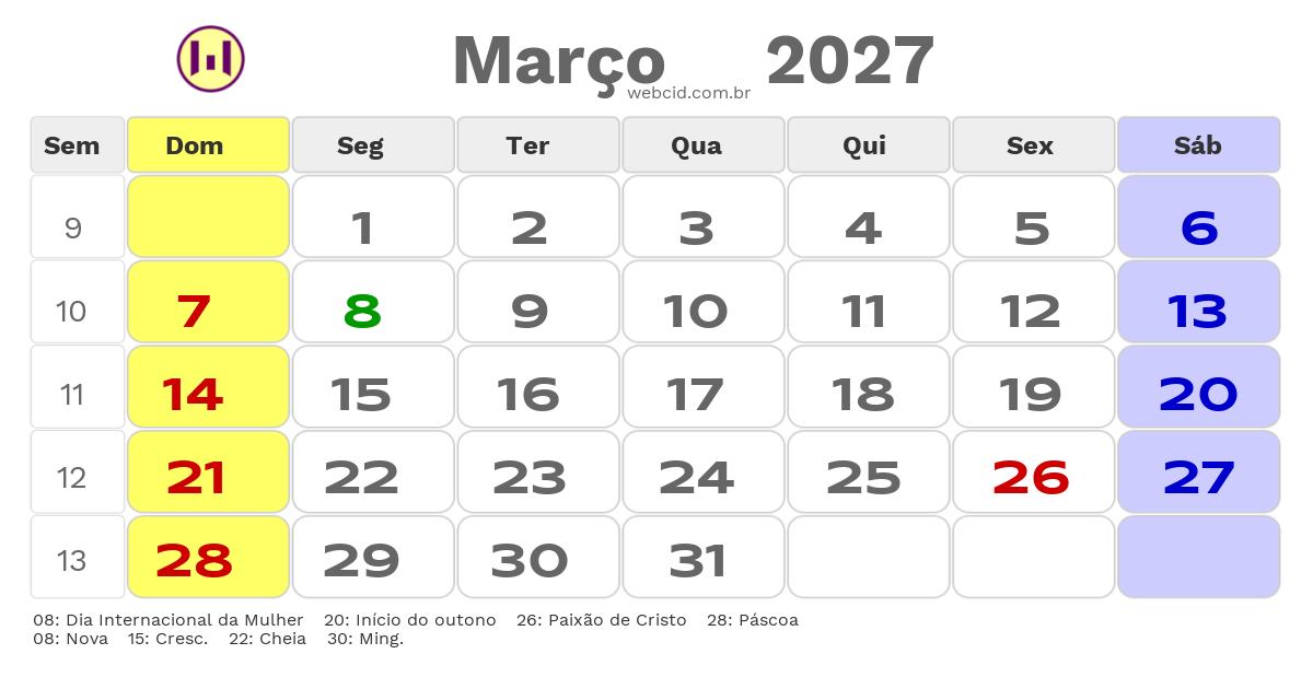 Calendário 2027 - Março - Brasil com feriados e fases da lua