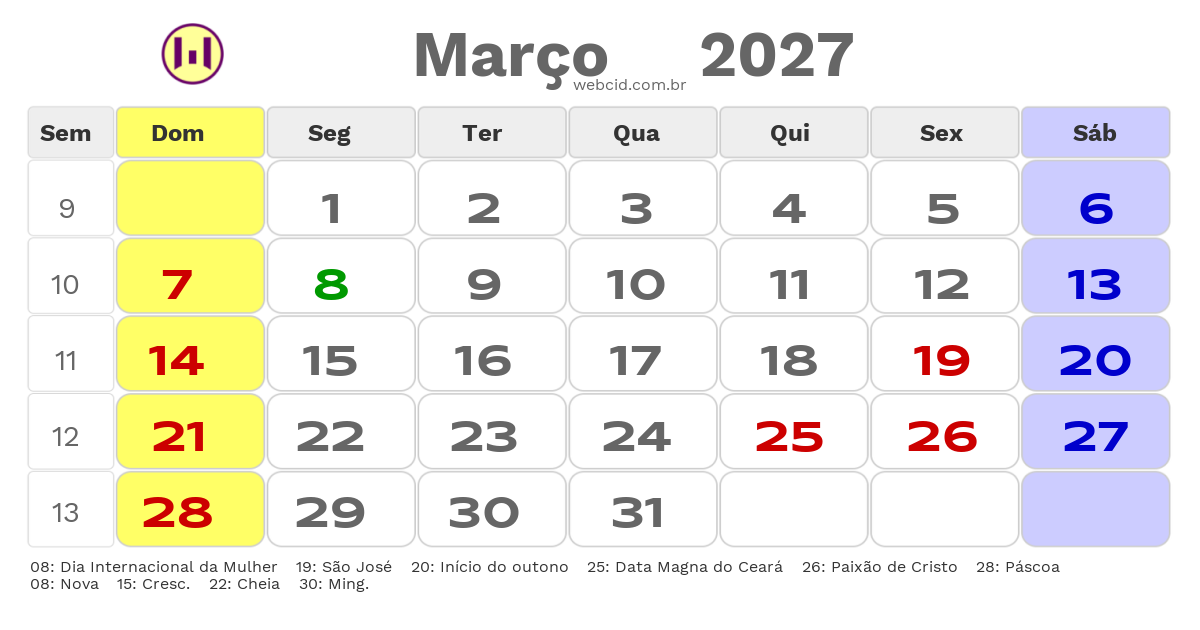 Calendário 2027 - Março - Sao Goncalo do Amarante-CE com feriados e fases da lua
