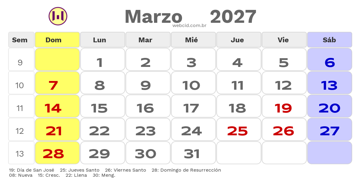 Calendario 2027 - Marzo - Colômbia com feriados e fases da lua