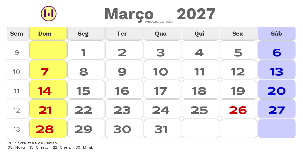 Calendário 2027 - Março - Feriados Bancários com feriados e fases da lua