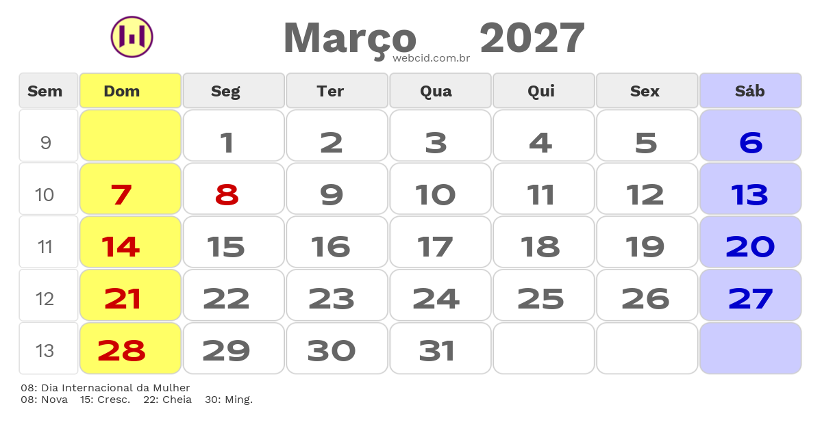 Calendário 2027 - Março - Guiné-Bissau com feriados e fases da lua