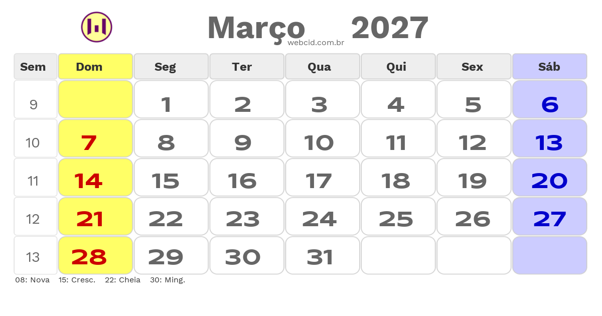 Calendário 2027 - Março - Moçambique com feriados e fases da lua