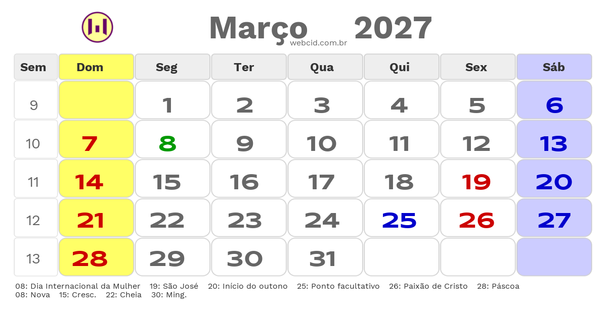 Calendário 2027 - Março - Itaperuna-RJ com feriados e fases da lua