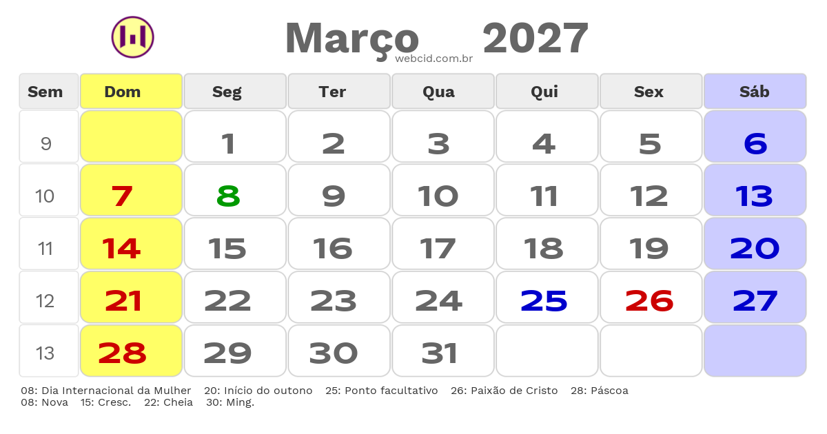 Calendário 2027 - Março - Tubarão-SC com feriados e fases da lua