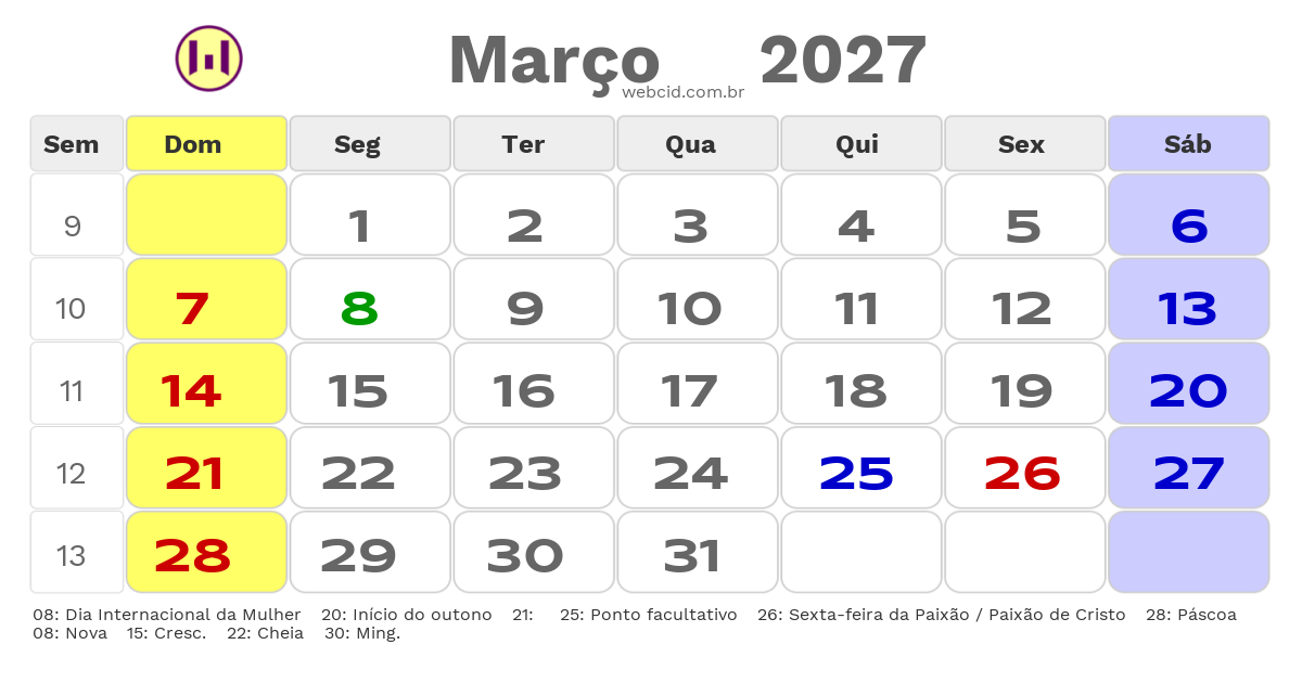 Calendário 2027 - Março - Paranapua-SP com feriados e fases da lua