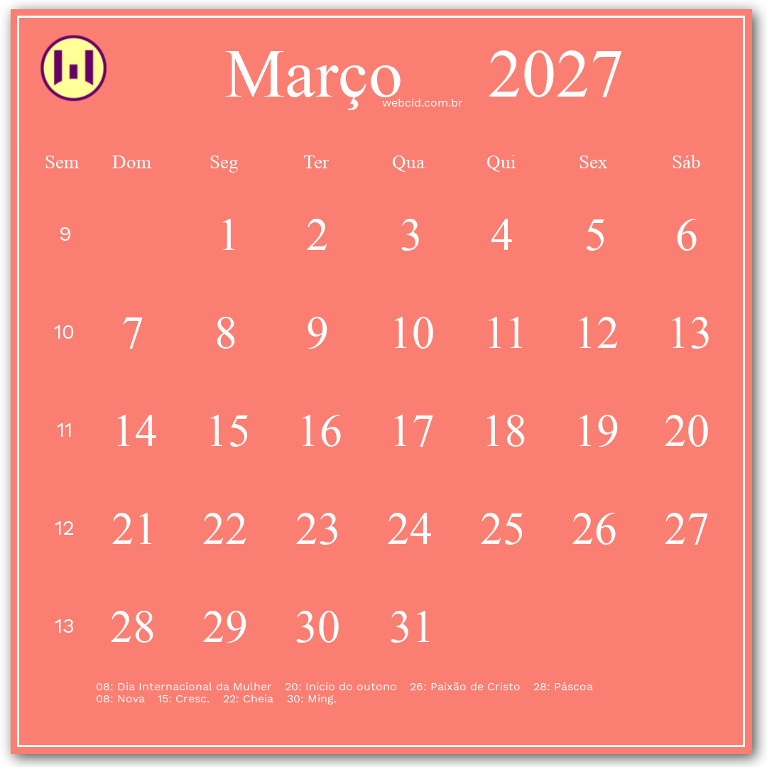 Calendário 2027 - Março - Brasil com feriados e fases da lua