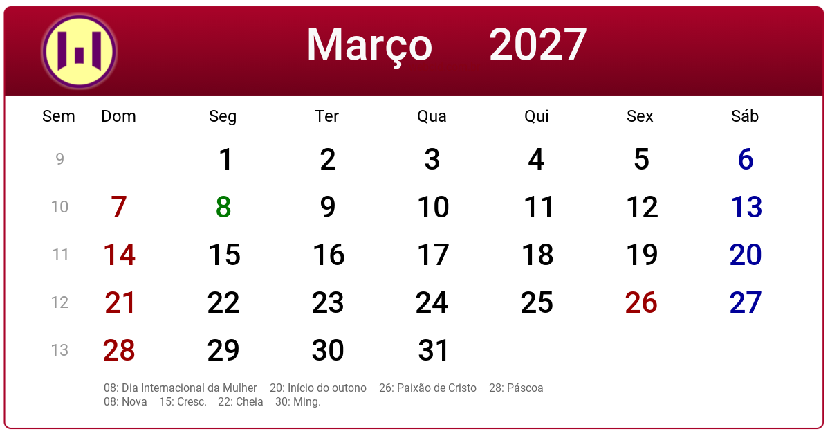 Calendário 2027 - Março - Brasil com feriados e fases da lua