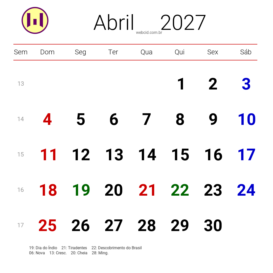 Calendário 2027 - Abril - Brasil com feriados e fases da lua