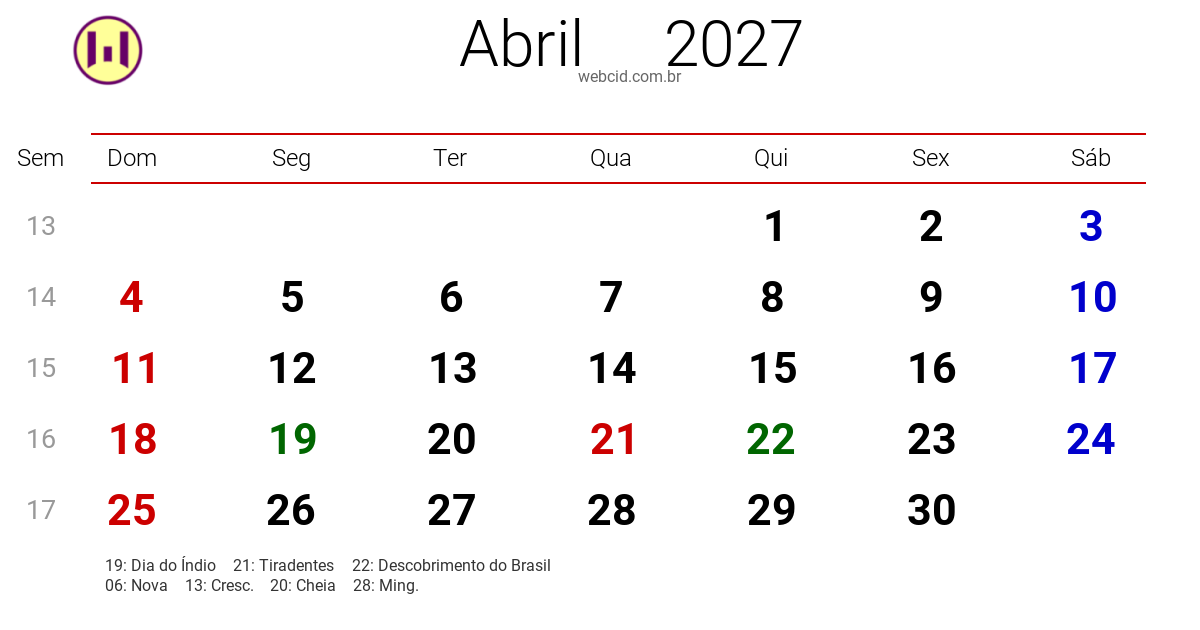 Calendário 2027 - Abril - Brasil com feriados e fases da lua