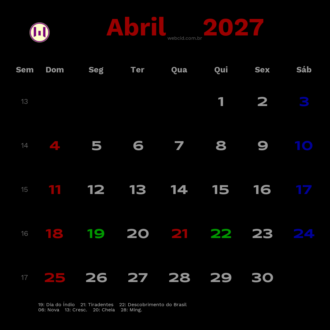 Calendário 2027 - Abril - Brasil com feriados e fases da lua