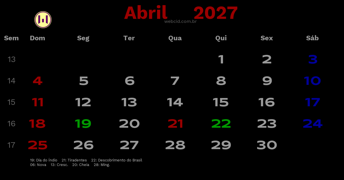 Calendário 2027 - Abril - Brasil com feriados e fases da lua