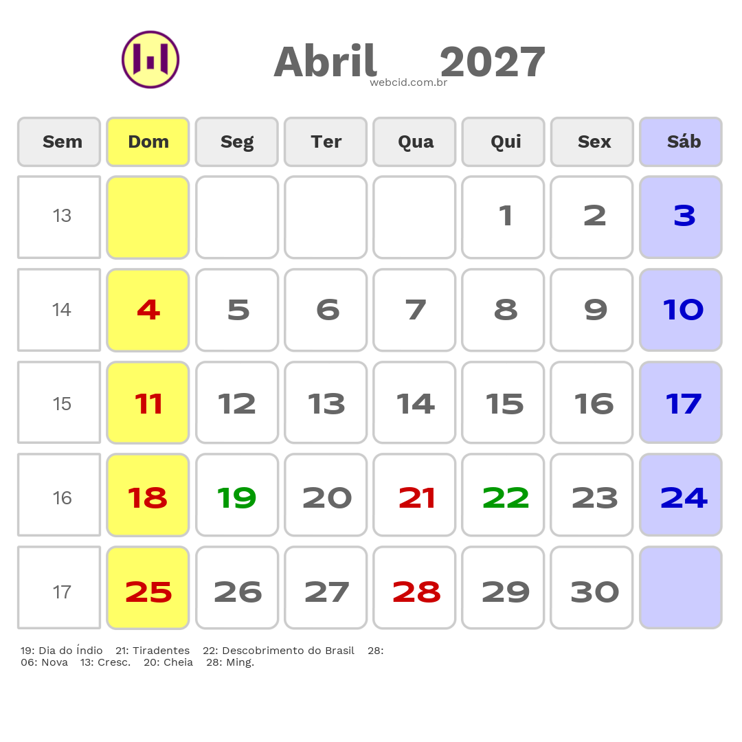 Calendário 2027 - Abril - Filadelfia-BA com feriados e fases da lua