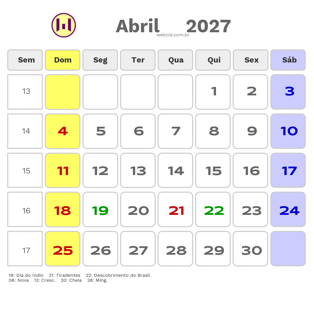 Calendário 2027 - Abril - Brasil com feriados e fases da lua