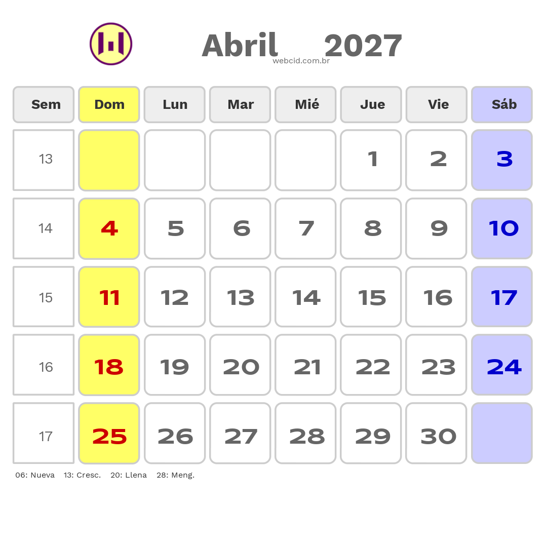 Calendario 2027 - Abril - Colômbia com feriados e fases da lua