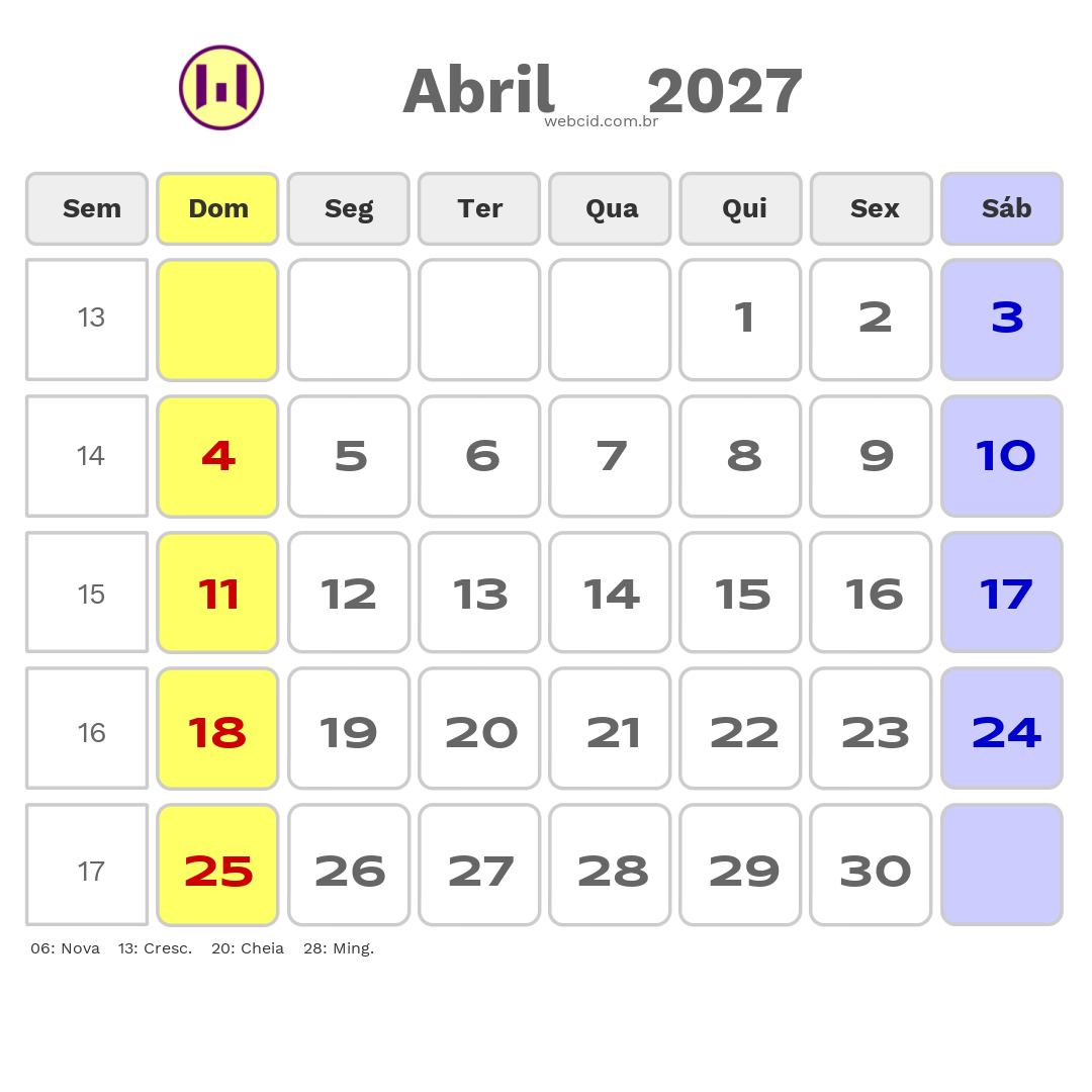 Calendário 2027 - Abril - Copa do Mundo FIFA com feriados e fases da lua