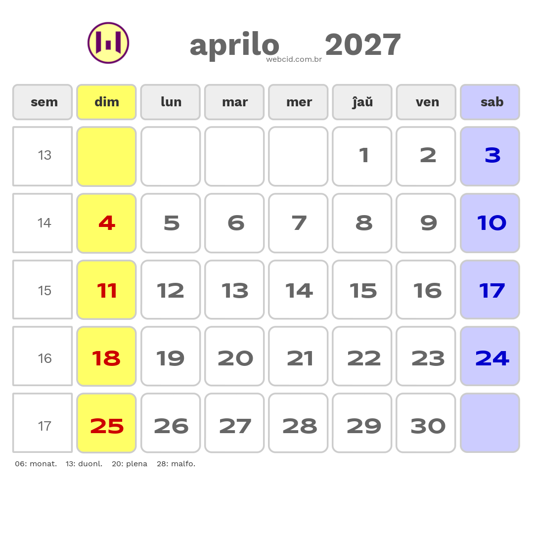 Kalendaro 2027 - aprilo - Esperanto-ESPERANTO com feriados e fases da lua
