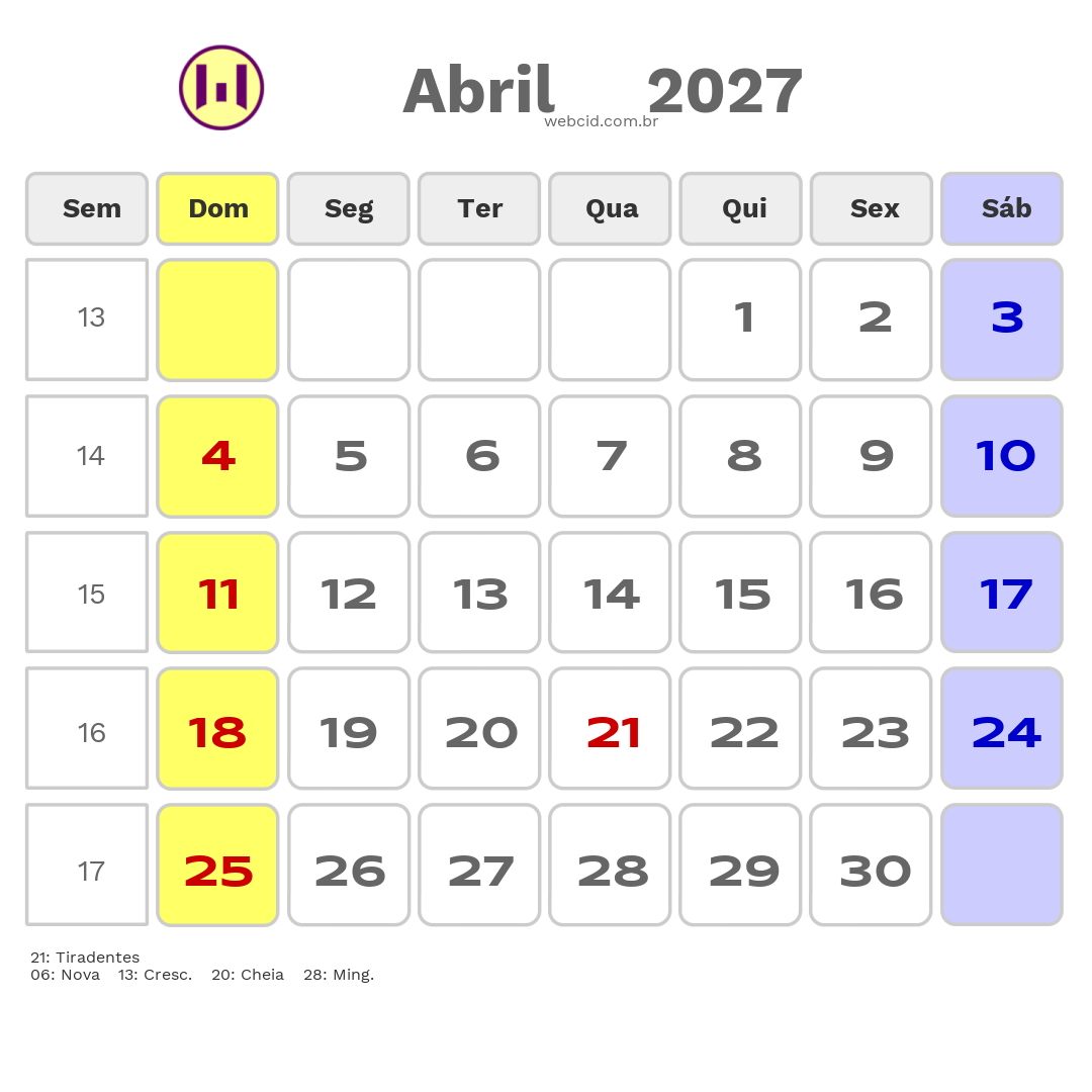 Calendário 2027 - Abril - Feriados Bancários com feriados e fases da lua