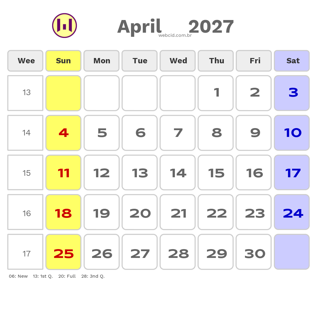 Calendar 2027 - April - Inglaterra com feriados e fases da lua