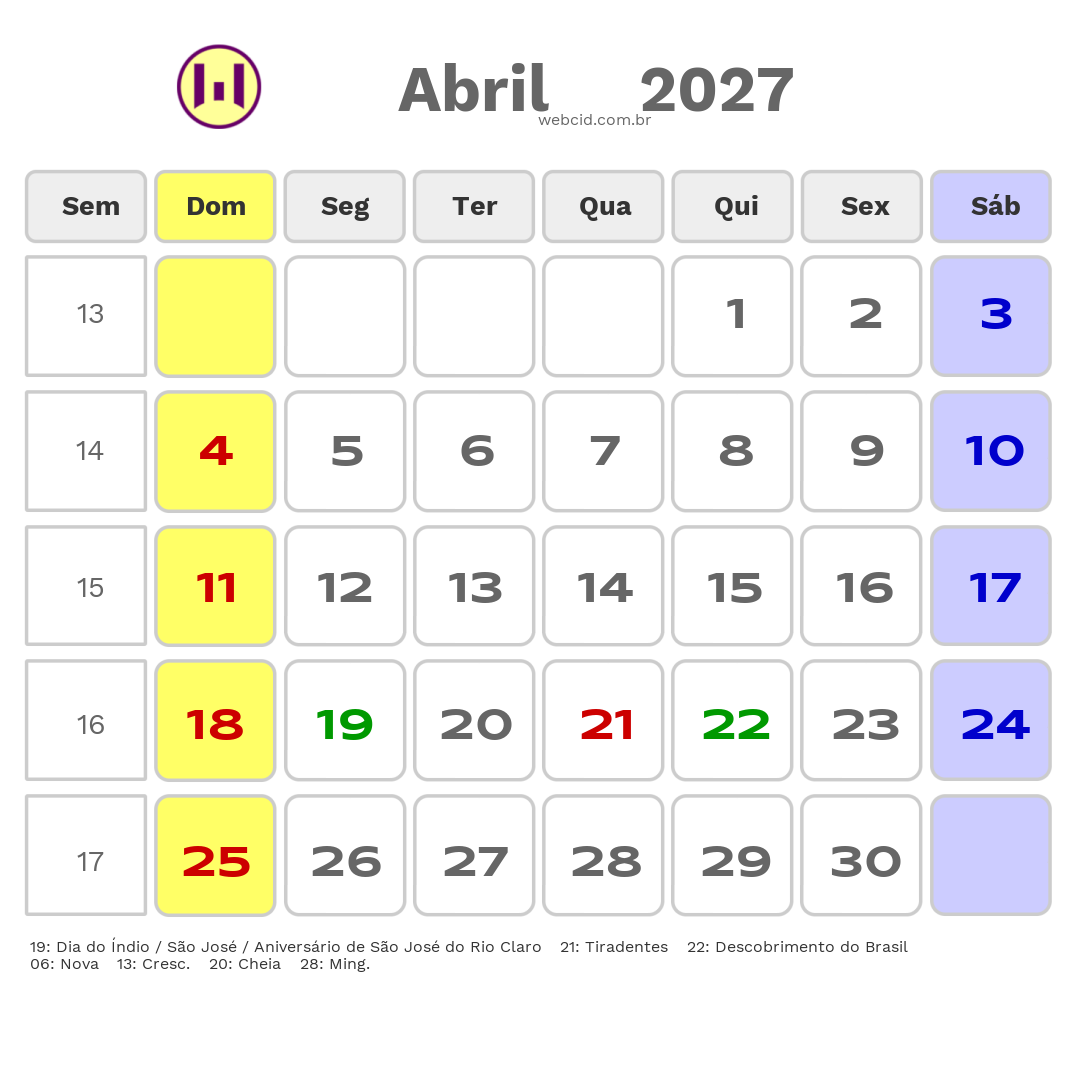 Calendário 2027 - Abril - São José do Rio Claro-MT com feriados e fases da lua