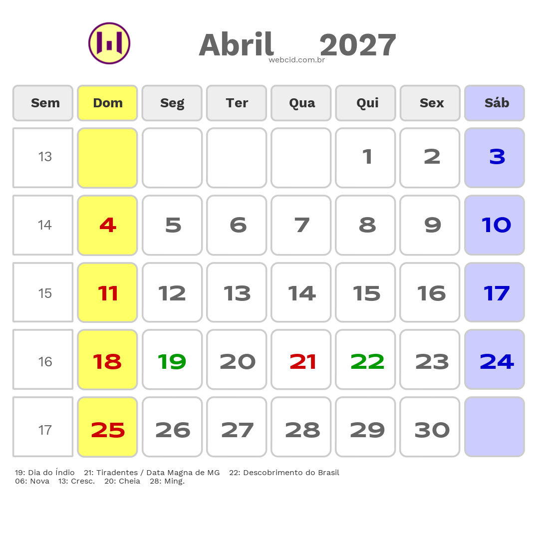 Calendário 2027 - Abril - Ribeirão das Neves-MG com feriados e fases da lua