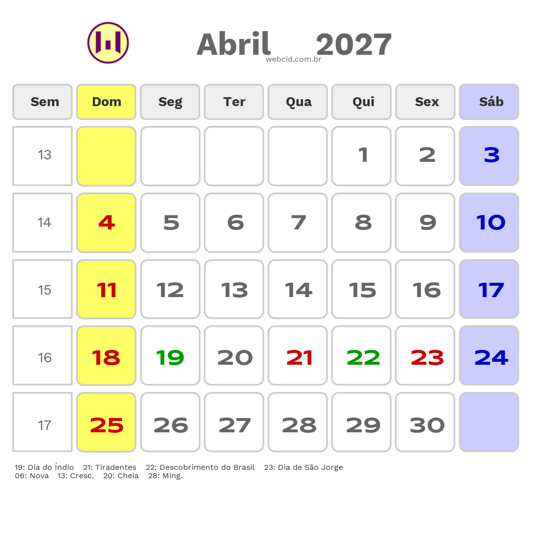 Calendário 2027 - Abril - Itaperuna-RJ com feriados e fases da lua