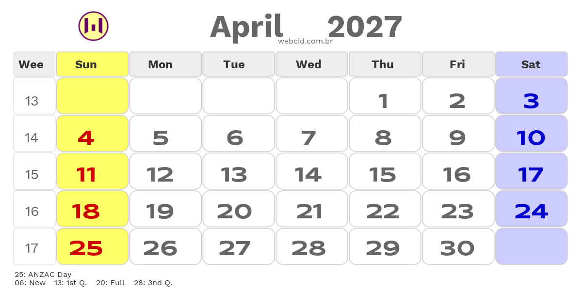 Calendar 2027 - April - Austrália com feriados e fases da lua
