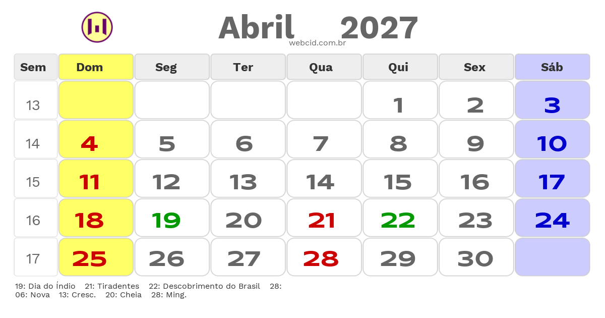 Calendário 2027 - Abril - Filadelfia-BA com feriados e fases da lua