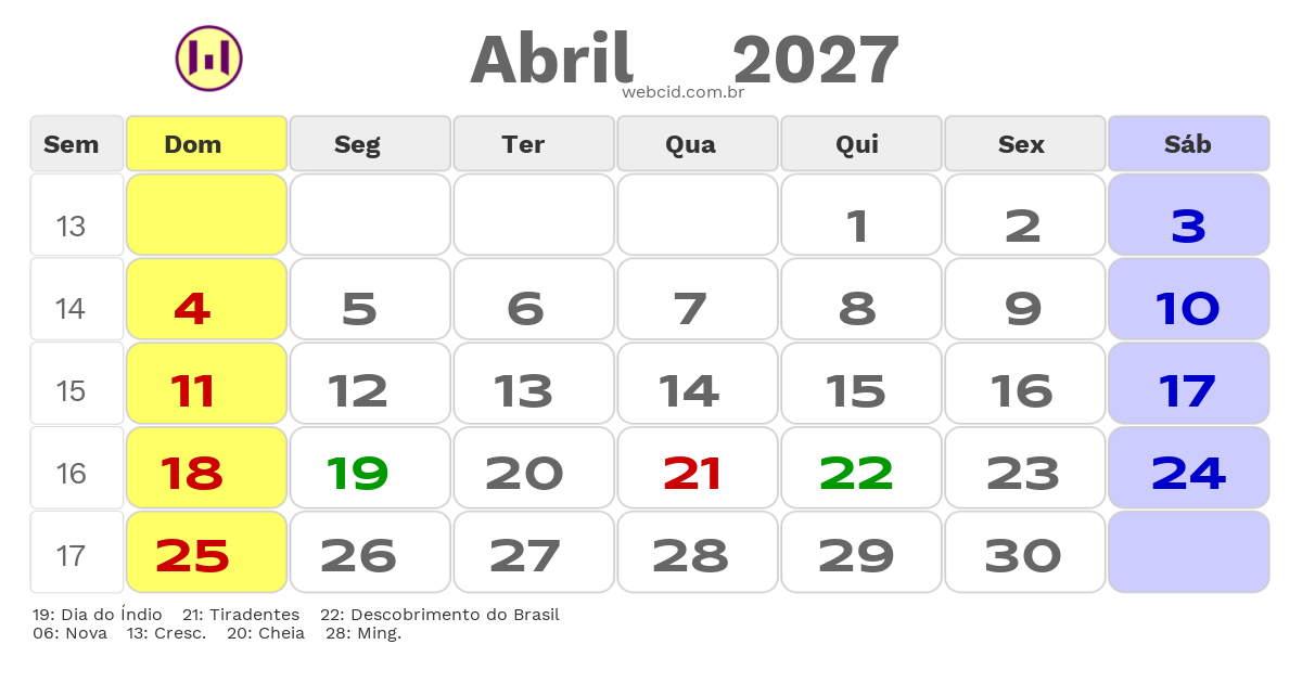 Calendário 2027 - Abril - Brasil com feriados e fases da lua