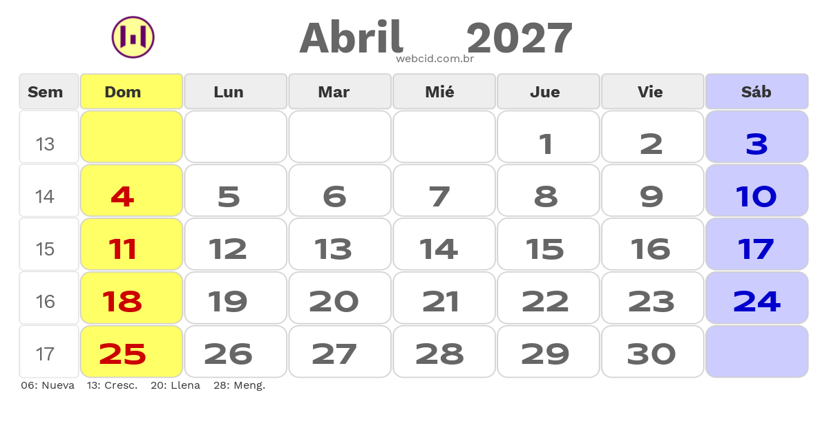 Calendario 2027 - Abril - Colômbia com feriados e fases da lua