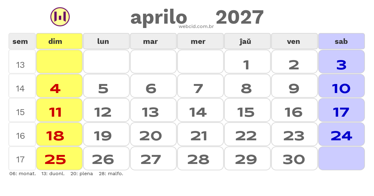 Kalendaro 2027 - aprilo - Esperanto-ESPERANTO com feriados e fases da lua